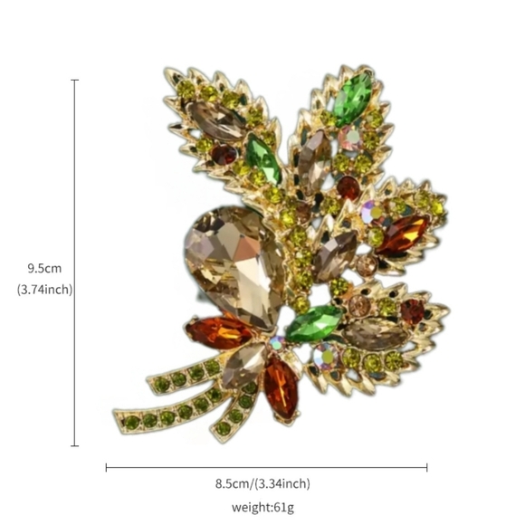 Large Sparkling Leaf Brooch – Gold Tone, Green & Brown Crystals - Picture 4 of 7